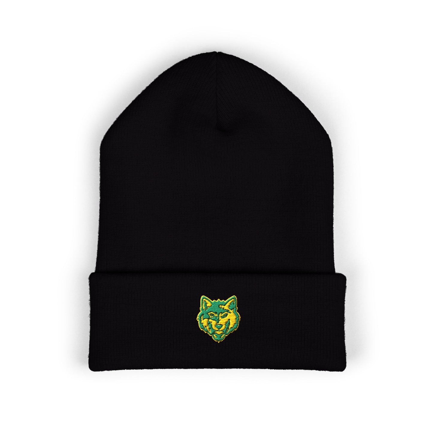 Embroidered Green & Yellow Wolf Logo Cuffed Beanie