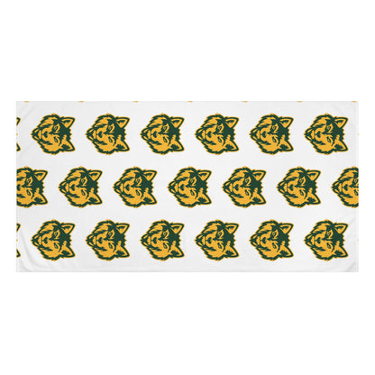 Wolf Head Pattern Beach Towel — Green & Gold Repeating Design