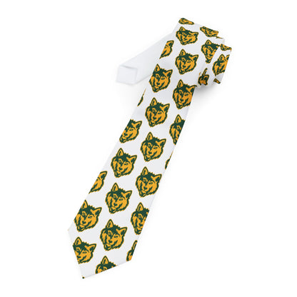 Wolf Mascot Necktie — Green & Gold Repeating Logo Tie for Fans and Formal Wear