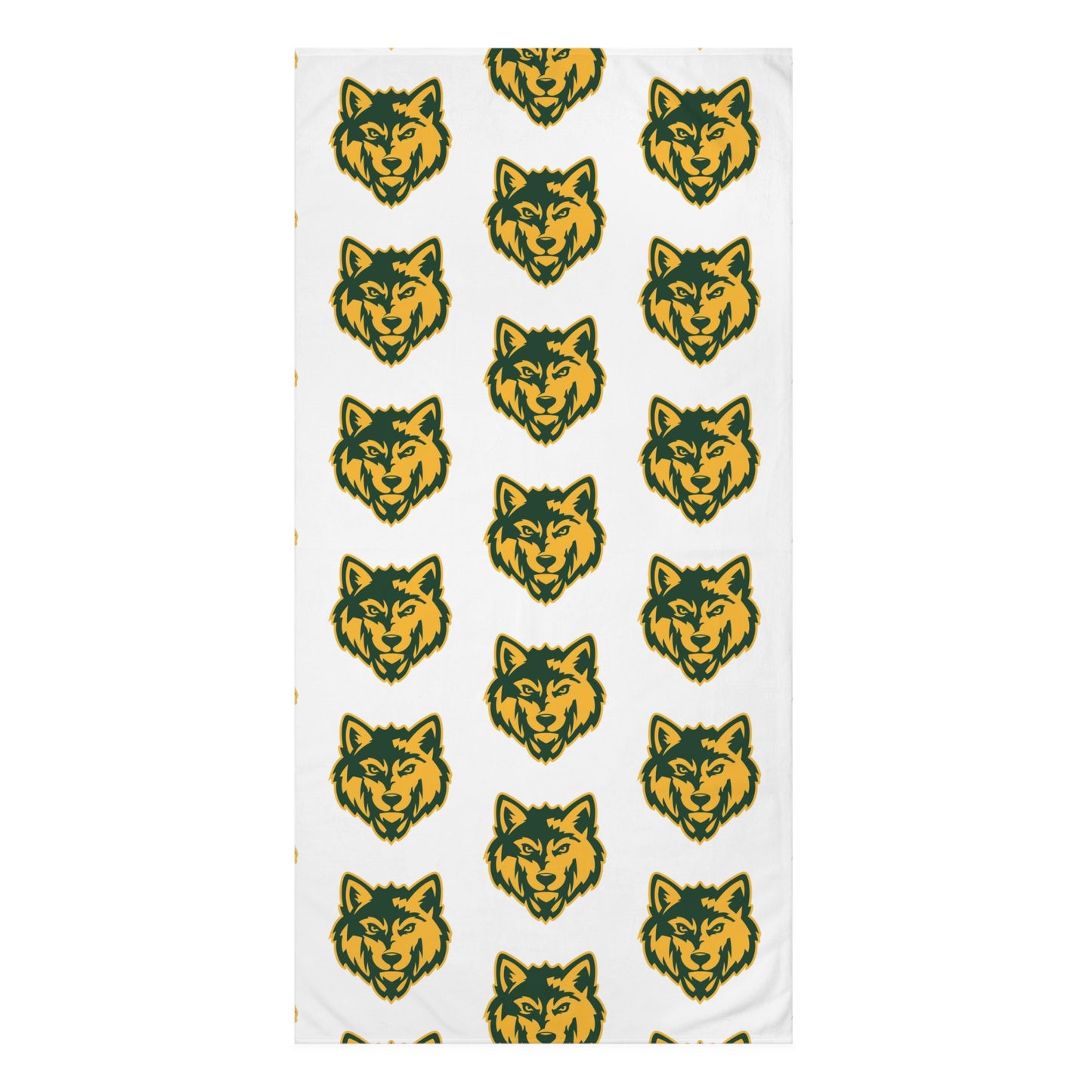Wolf Head Pattern Beach Towel — Green & Gold Repeating Design