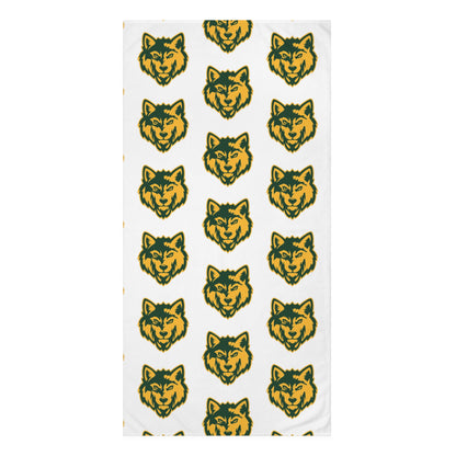 Wolf Head Pattern Beach Towel — Green & Gold Repeating Design