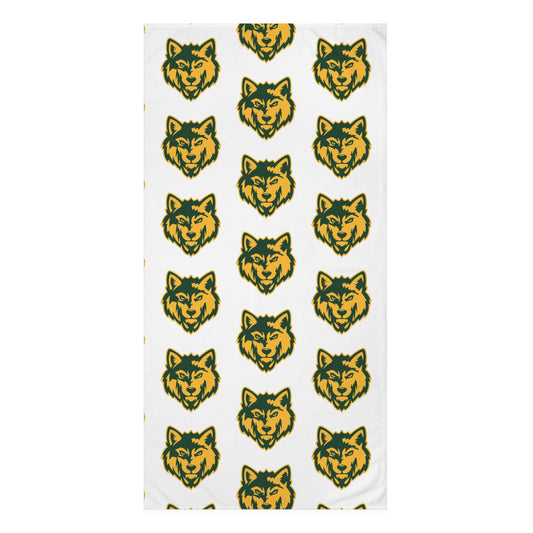 Wolf Head Pattern Beach Towel — Green & Gold Repeating Design