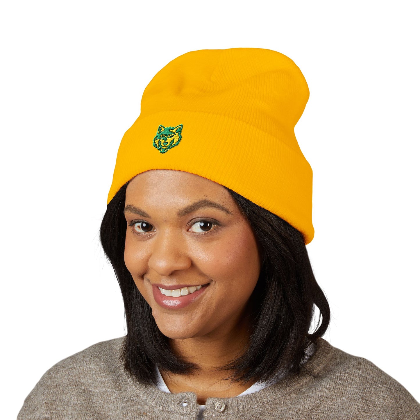Embroidered Green & Yellow Wolf Logo Cuffed Beanie