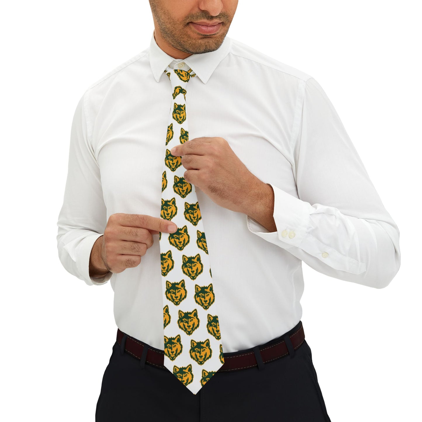 Wolf Mascot Necktie — Green & Gold Repeating Logo Tie for Fans and Formal Wear