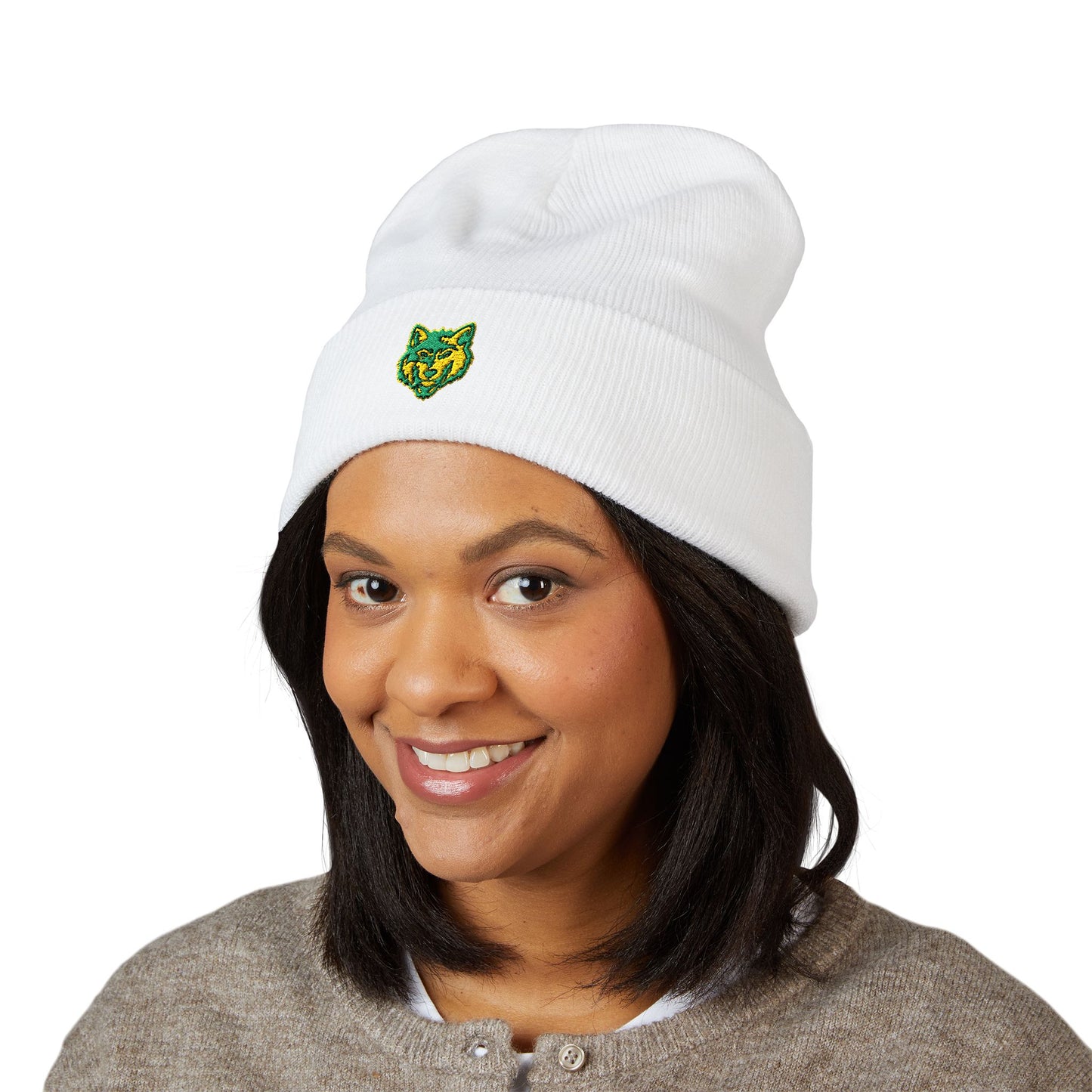 Embroidered Green & Yellow Wolf Logo Cuffed Beanie