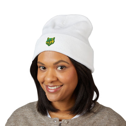 Embroidered Green & Yellow Wolf Logo Cuffed Beanie