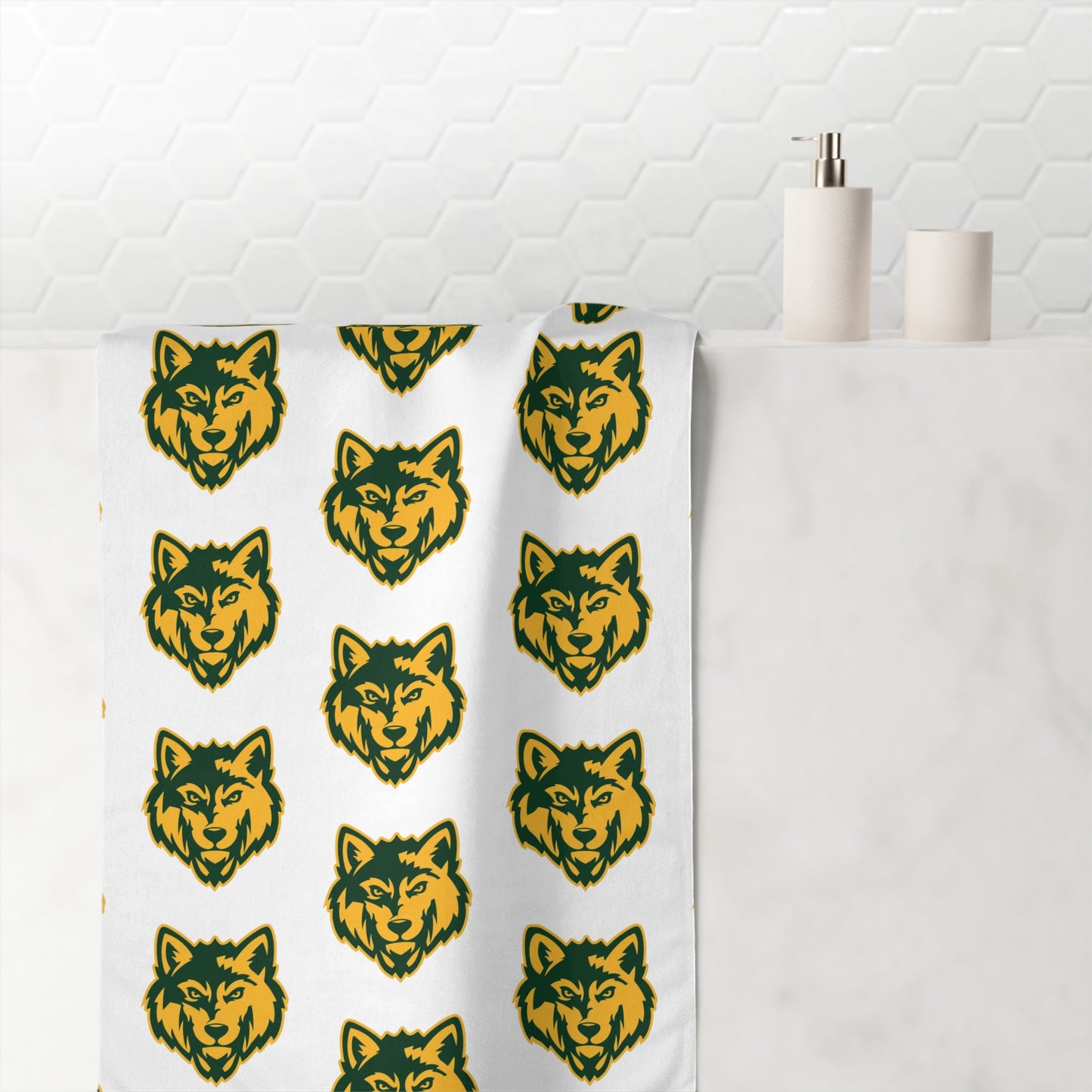 Wolf Head Pattern Beach Towel — Green & Gold Repeating Design