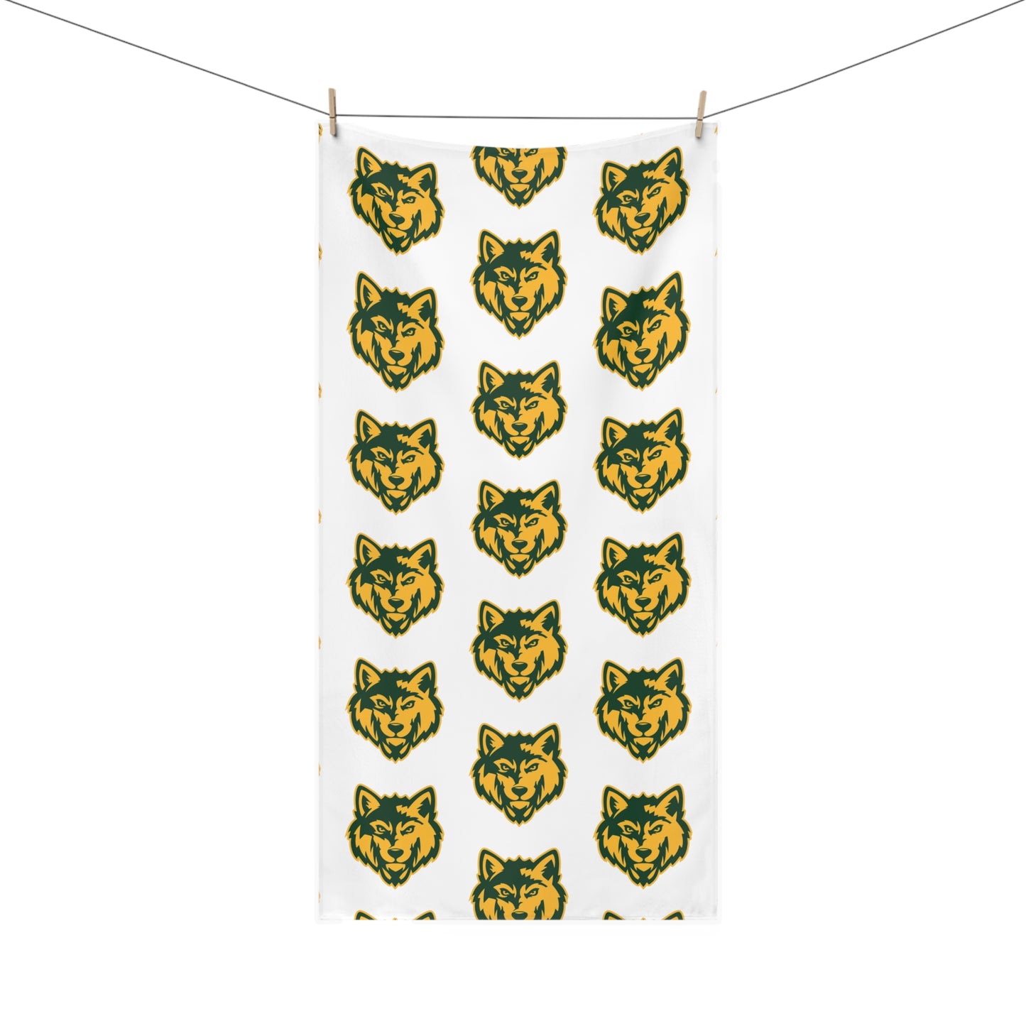 Wolf Head Pattern Beach Towel — Green & Gold Repeating Design
