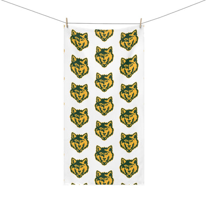 Wolf Head Pattern Beach Towel — Green & Gold Repeating Design