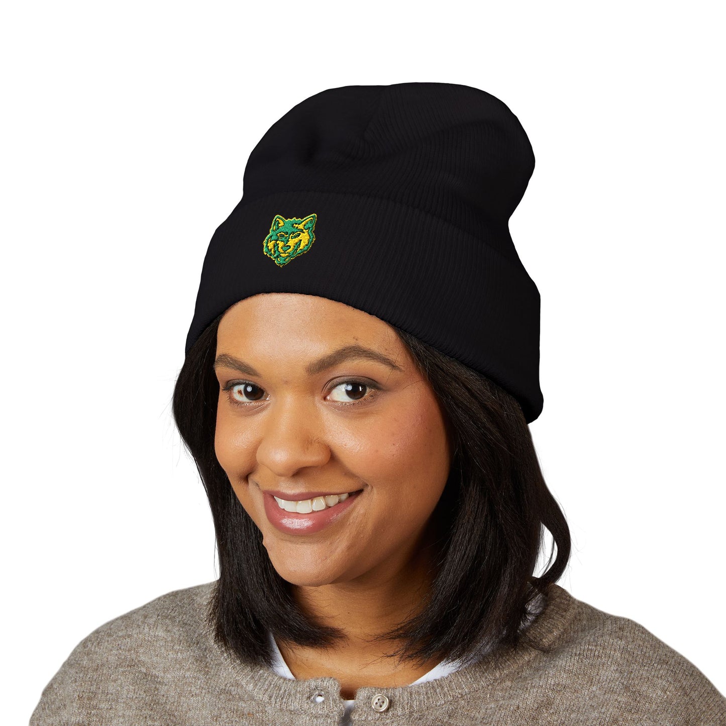 Embroidered Green & Yellow Wolf Logo Cuffed Beanie