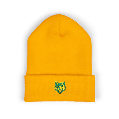 Embroidered Green & Yellow Wolf Logo Cuffed Beanie