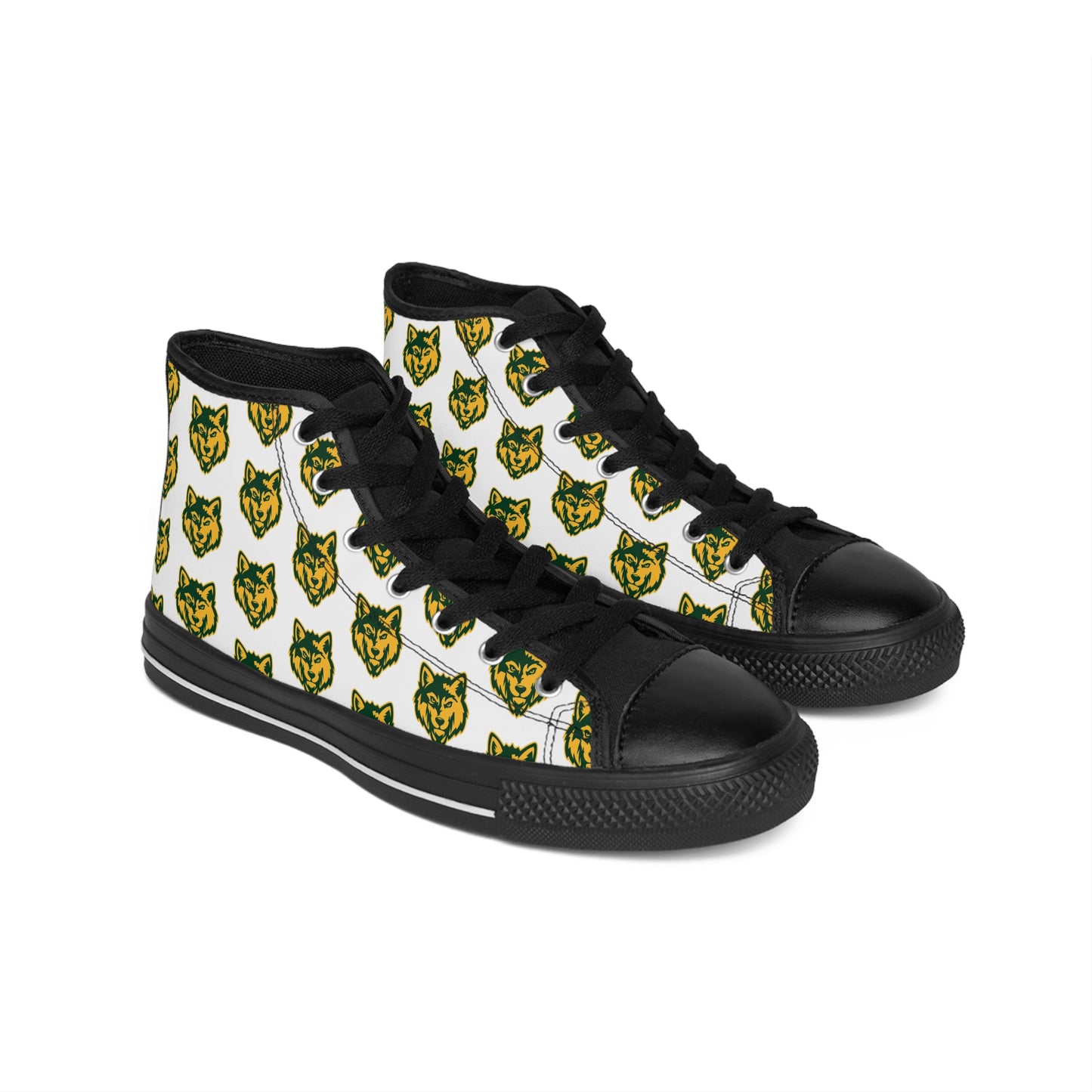 Women's High-Top Sneakers — Repeating Green & Gold Wolf Head Pattern