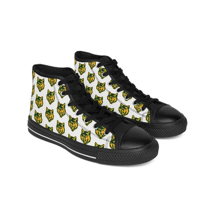 Women's High-Top Sneakers — Repeating Green & Gold Wolf Head Pattern