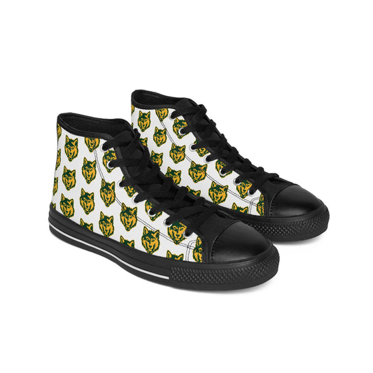 Women's High-Top Sneakers — Repeating Green & Gold Wolf Head Pattern