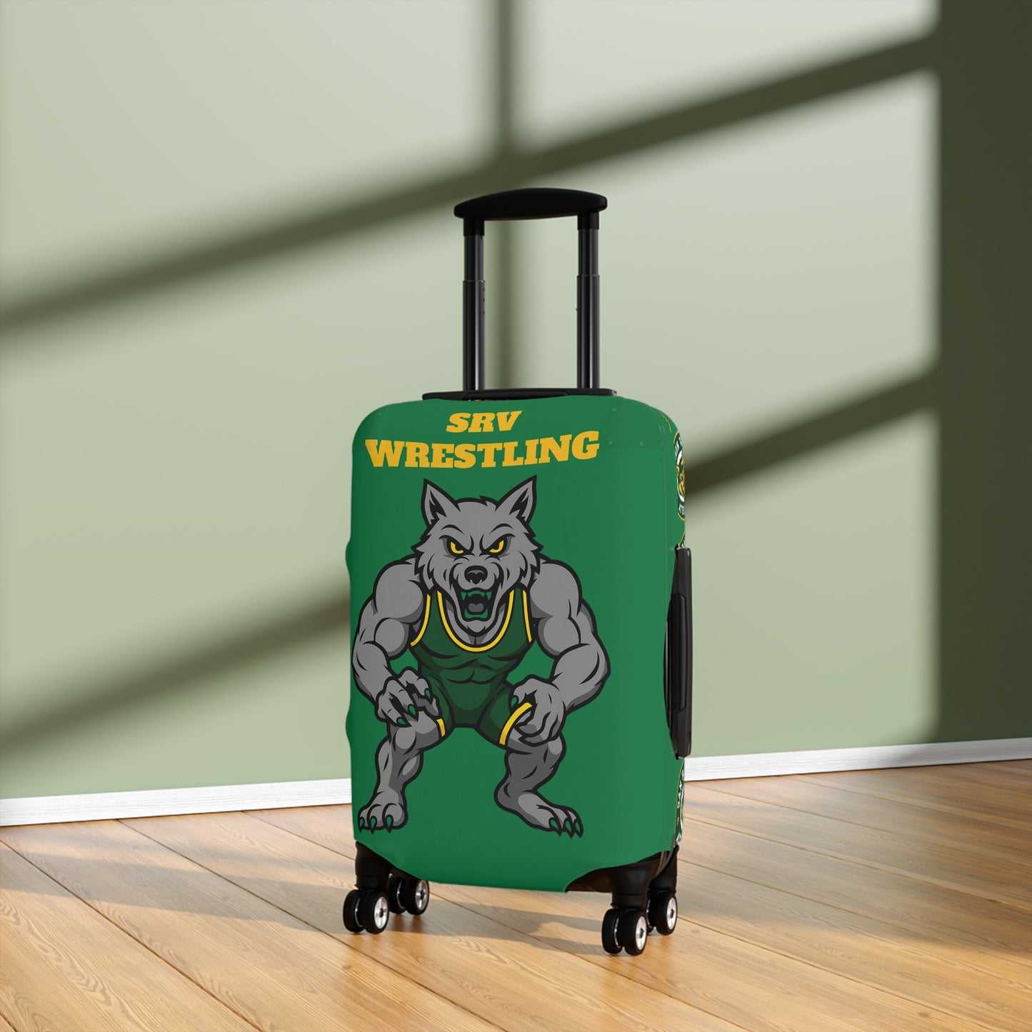 SRV Wrestling Wolf Luggage Cover — Green Travel Protector with Mascot Logo